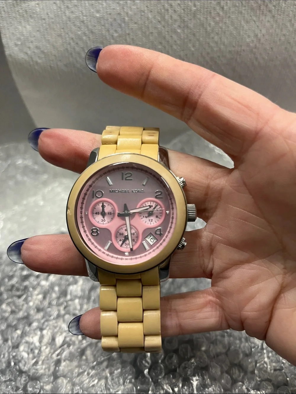 EUC Michael Kors Ladies' Chronograph Watch - Pink Dial, Beige Strap